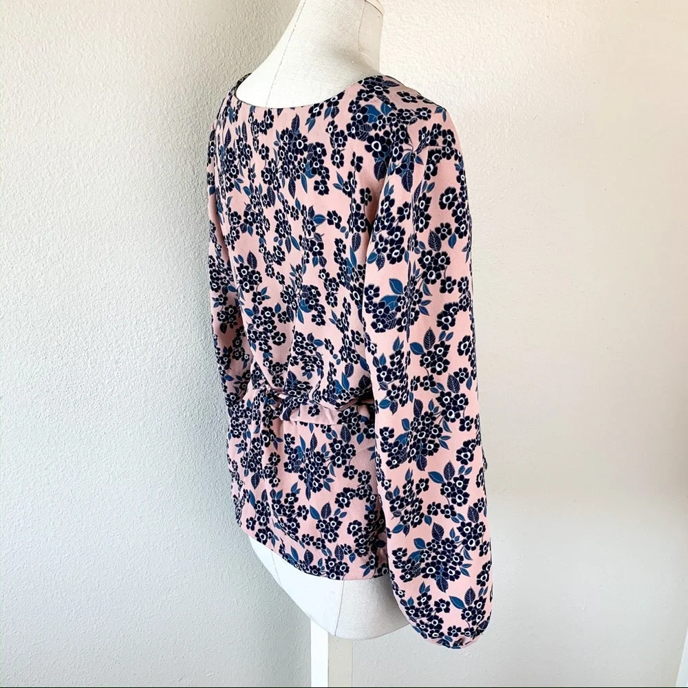 J. Crew Pink Floral V-Neck Faux Wrap Blouse